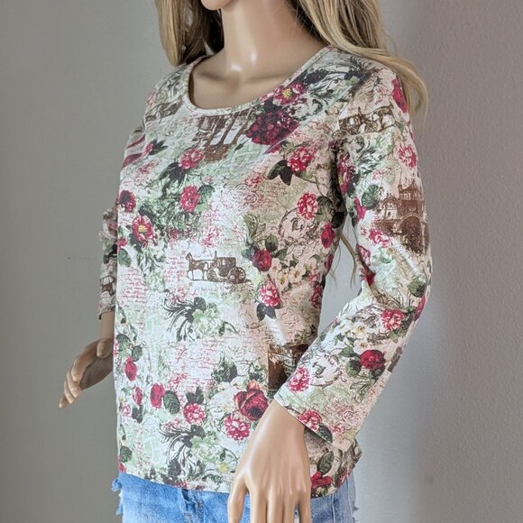 Great Northwest Top Women's Large Cream Red Floral All over Print 3/4 Sleeve Top - Picture 5 of 16